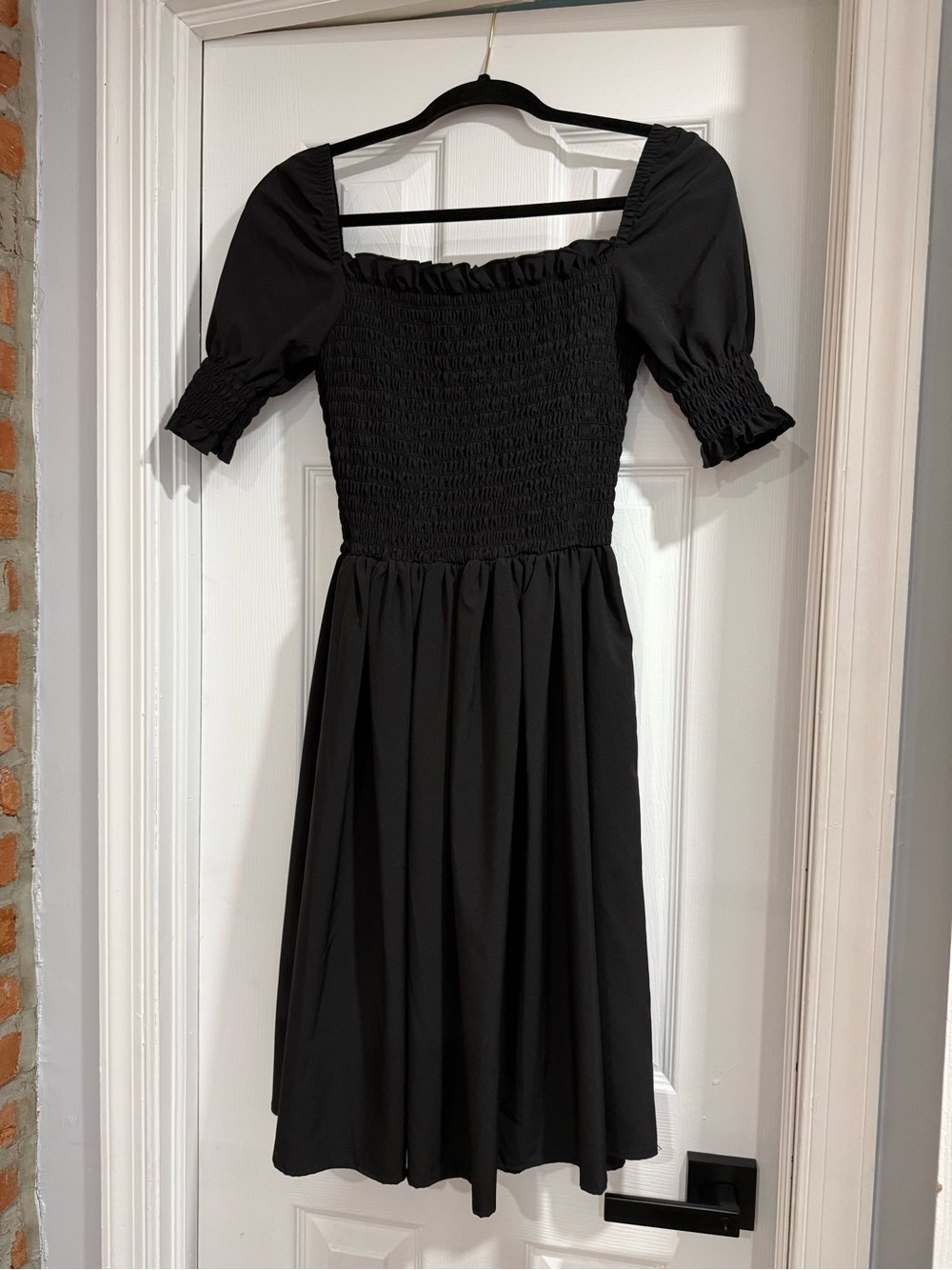 Deandri Black Smocked Midi Dress with Puff Sleeves